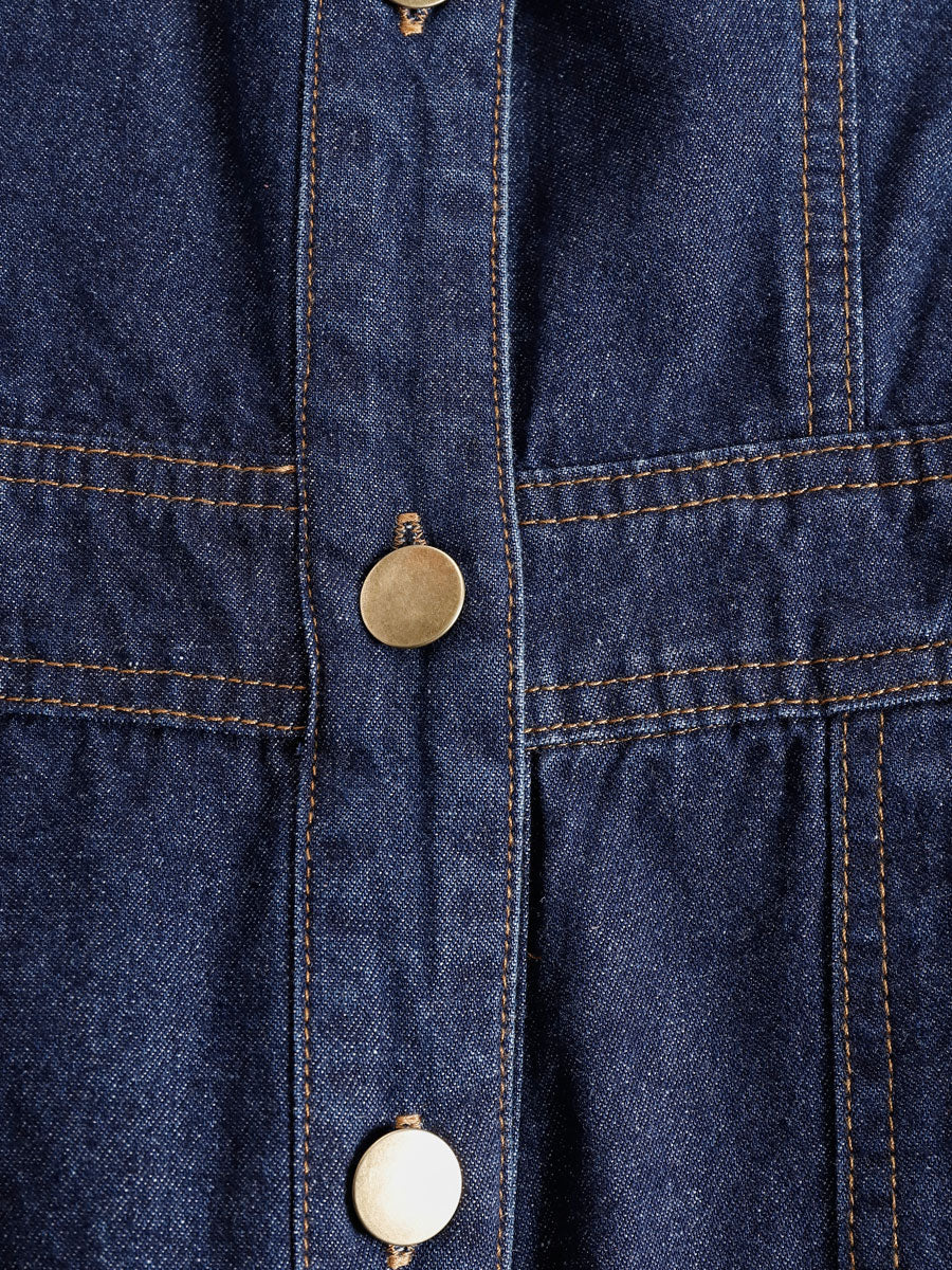 Casual Retro Multi-pocket Topstitching Dark Blue Denim Sleeveless Balloon Jumpsuit  - By Qivii