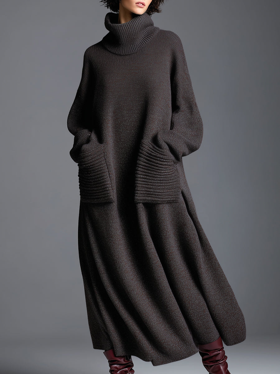 High-end Fashionable Loose Neckline Brown Knitted Maxi Dress  - By Qivii