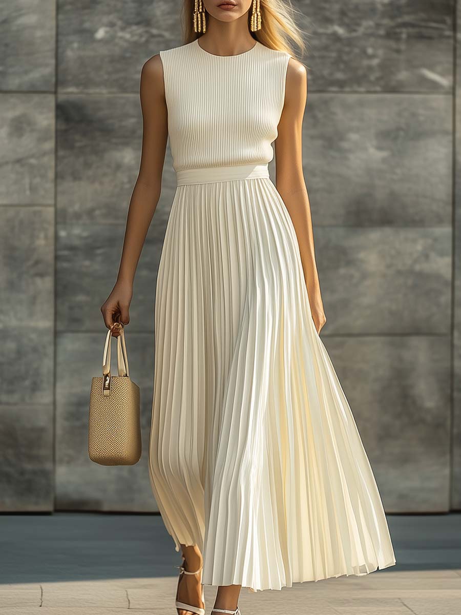 Elegant Casual And Comfortable Cream Knitted Chiffon Pleated Hem Maxi Dress  - By Qivii
