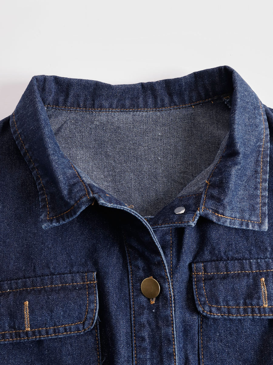 Casual Retro Multi-pocket Topstitching Dark Blue Denim Sleeveless Balloon Jumpsuit  - By Qivii