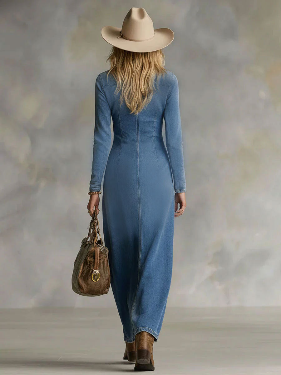 V-neck Single-breasted Side-slit Denim Long-sleeved Maxi Dress  - By Qivii