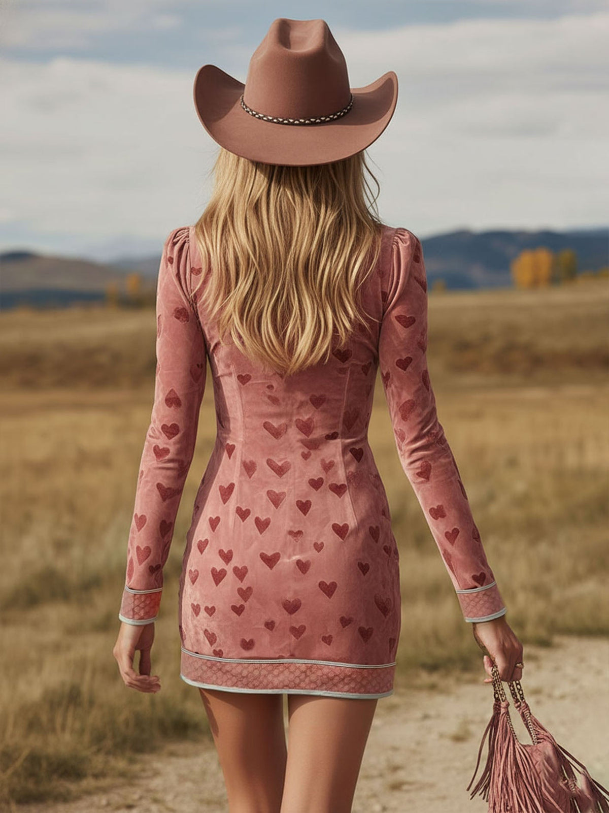 Western Style V-neck Fringed Heart Print Faux Suede Long-sleeved Mini Dress  - By Qivii