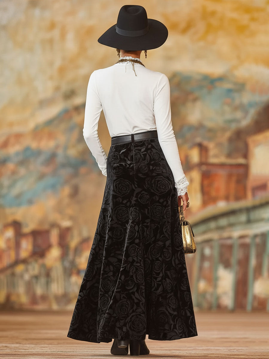 Black Rose Print A-line Velvet Skirt  - By Qivii
