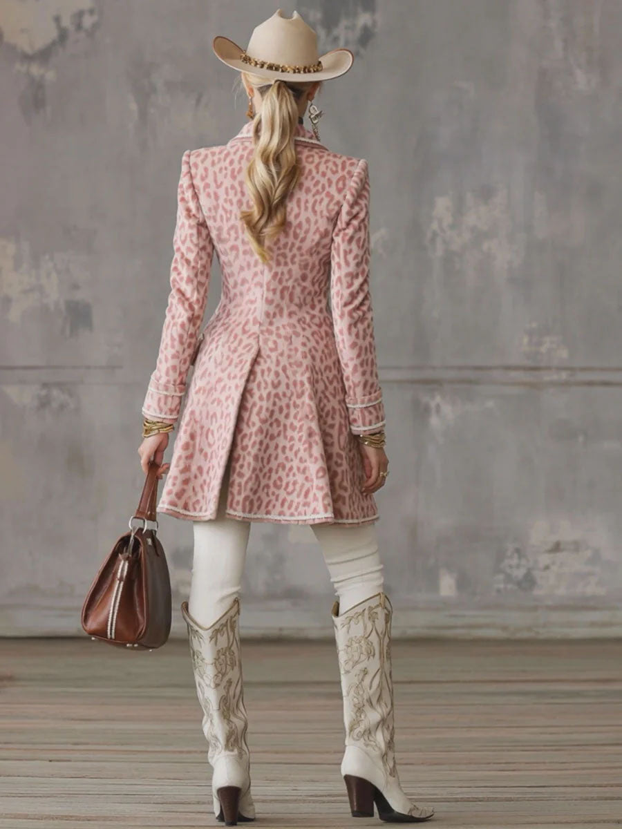 Lapel Single-breasted Pink Leopard Print Mid-length Coat  - By Qivii