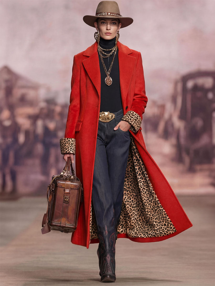 Lapel Single-breasted Leopard Print Coat  - By Qivii
