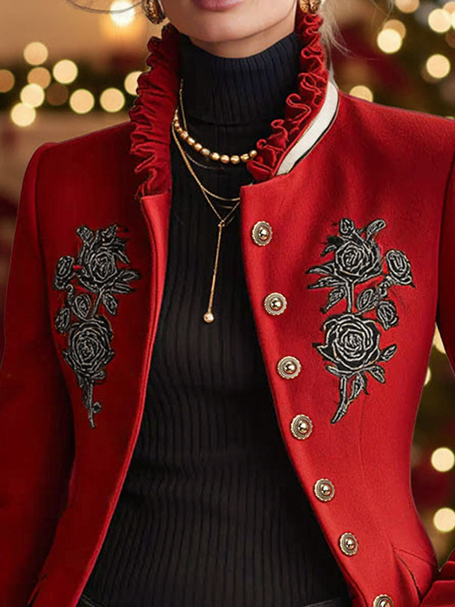 Ruffled Stand-up Collar Single-breasted Rose Embroidered Jacket  - By Qivii
