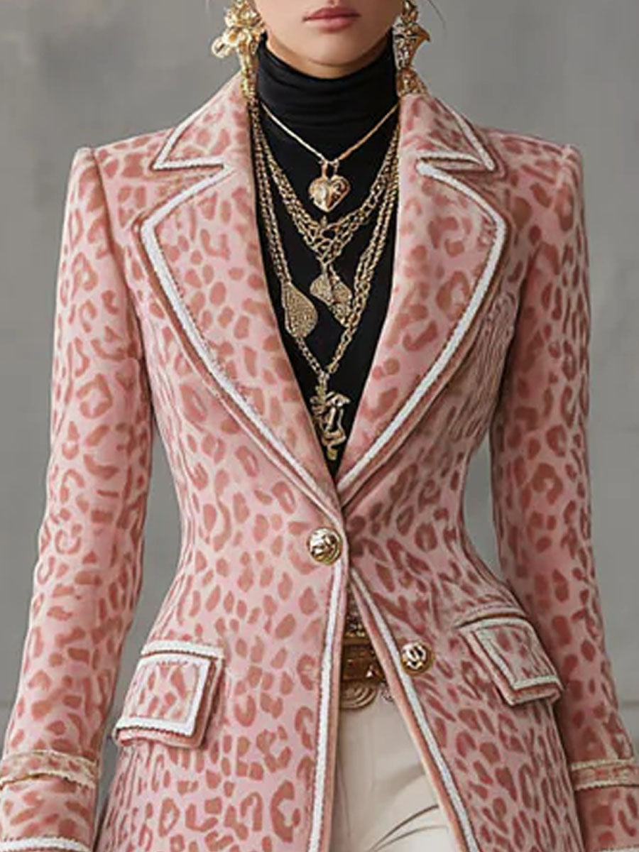 Lapel Single-breasted Pink Leopard Print Mid-length Coat  - By Qivii