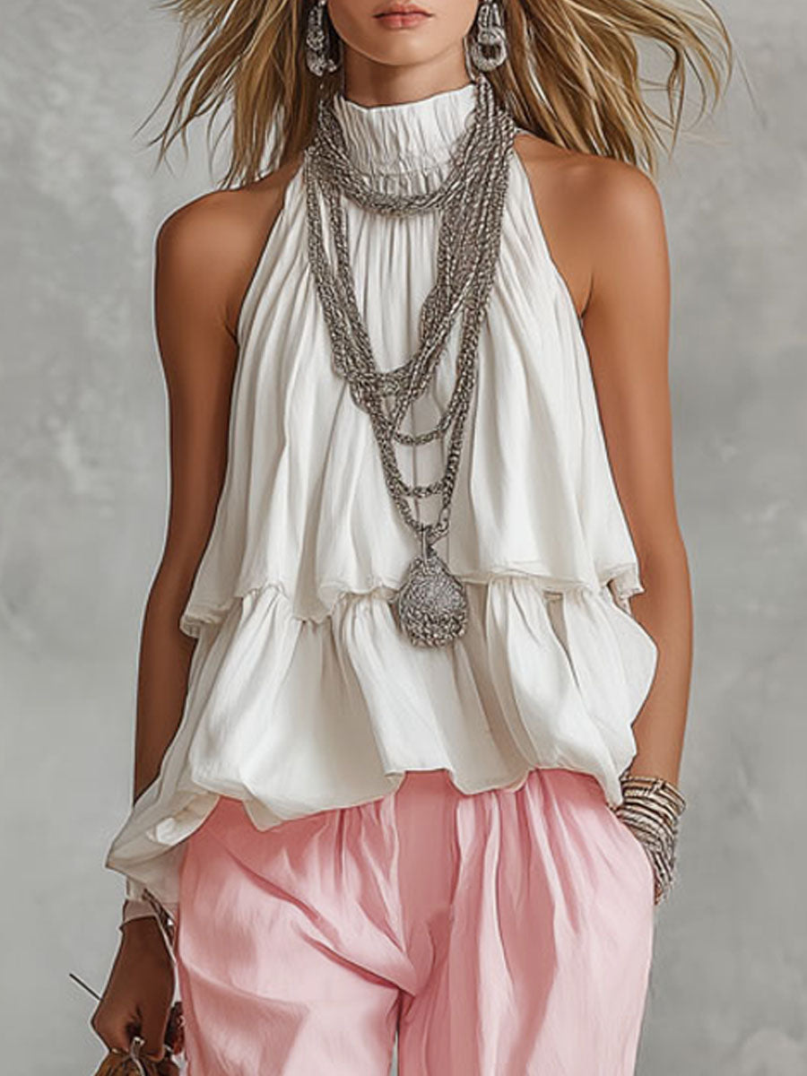 Cotton Turtleneck Sleeveless Top And Pants Set  - By Qivii