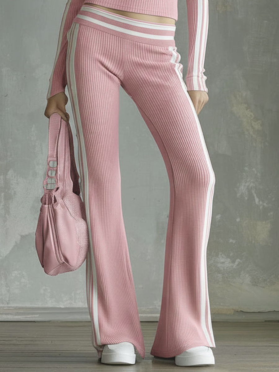 Color-blocked V-neck Long-sleeved Top And Trousers Ribbed Set  - By Qivii