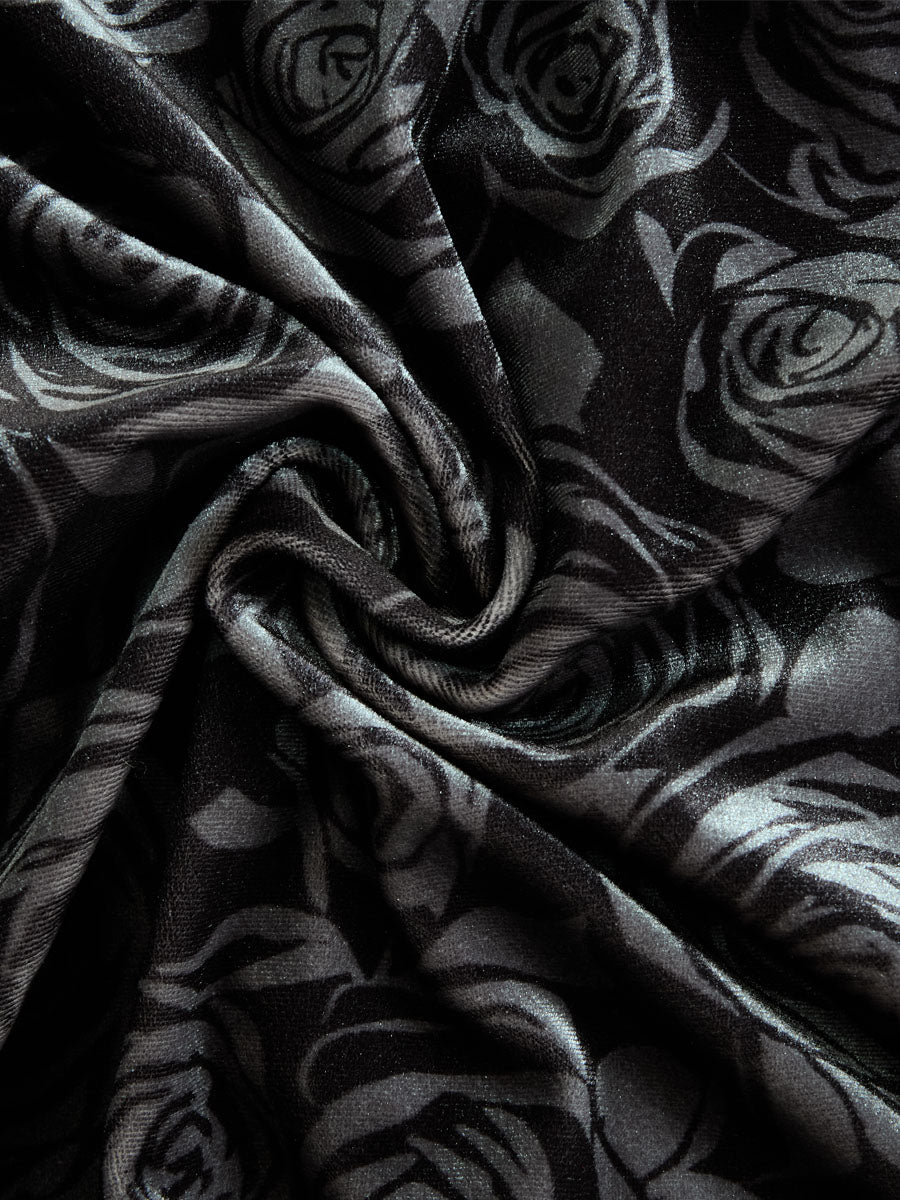 Black Rose Print A-line Velvet Skirt  - By Qivii