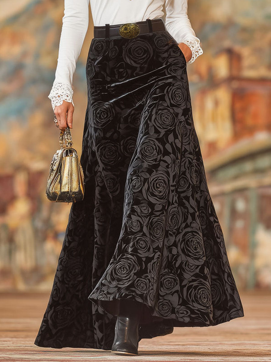 Black Rose Print A-line Velvet Skirt  - By Qivii