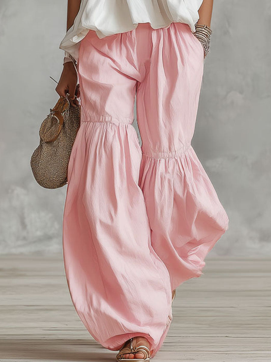 Pink cotton-linen pleated trousers  - By Qivii