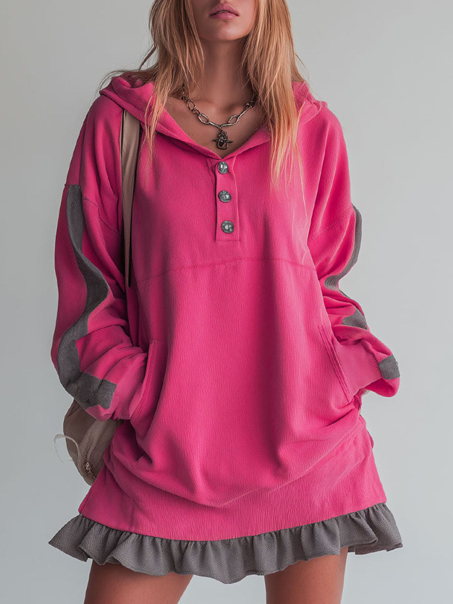Sporty Color-blocked Ruffled Half-zip Hooded Long-sleeved Mini Dress  - By Qivii