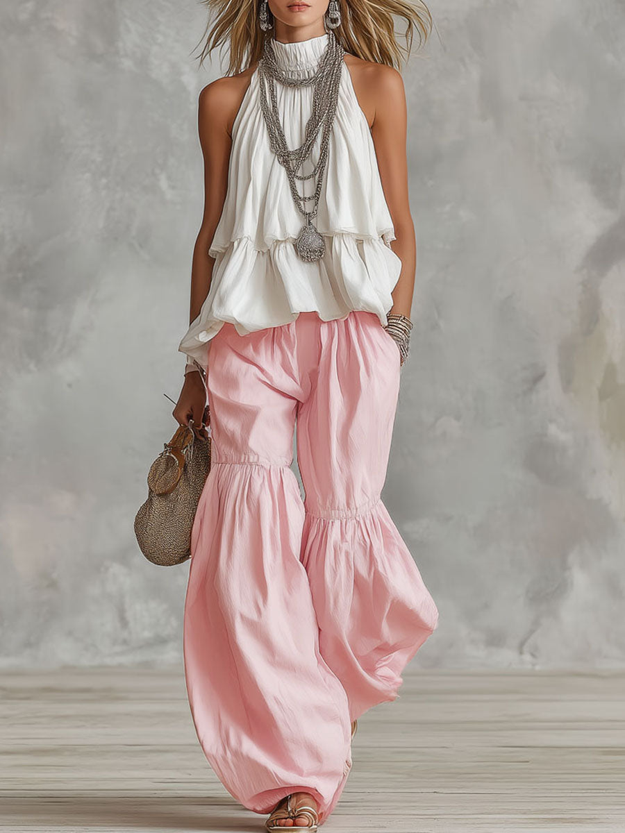 Cotton Turtleneck Sleeveless Top And Pants Set  - By Qivii