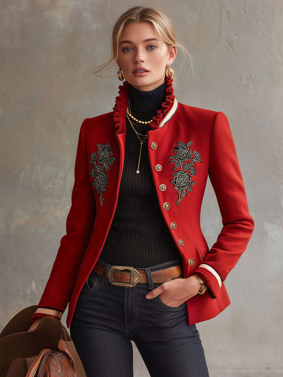 Ruffled Stand-up Collar Single-breasted Rose Embroidered Jacket  - By Qivii