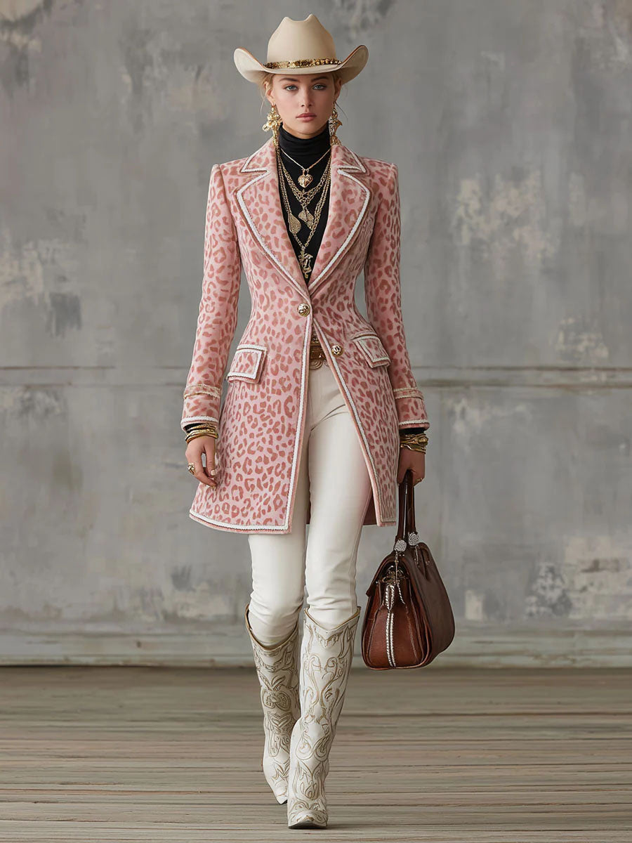 Lapel Single-breasted Pink Leopard Print Mid-length Coat  - By Qivii