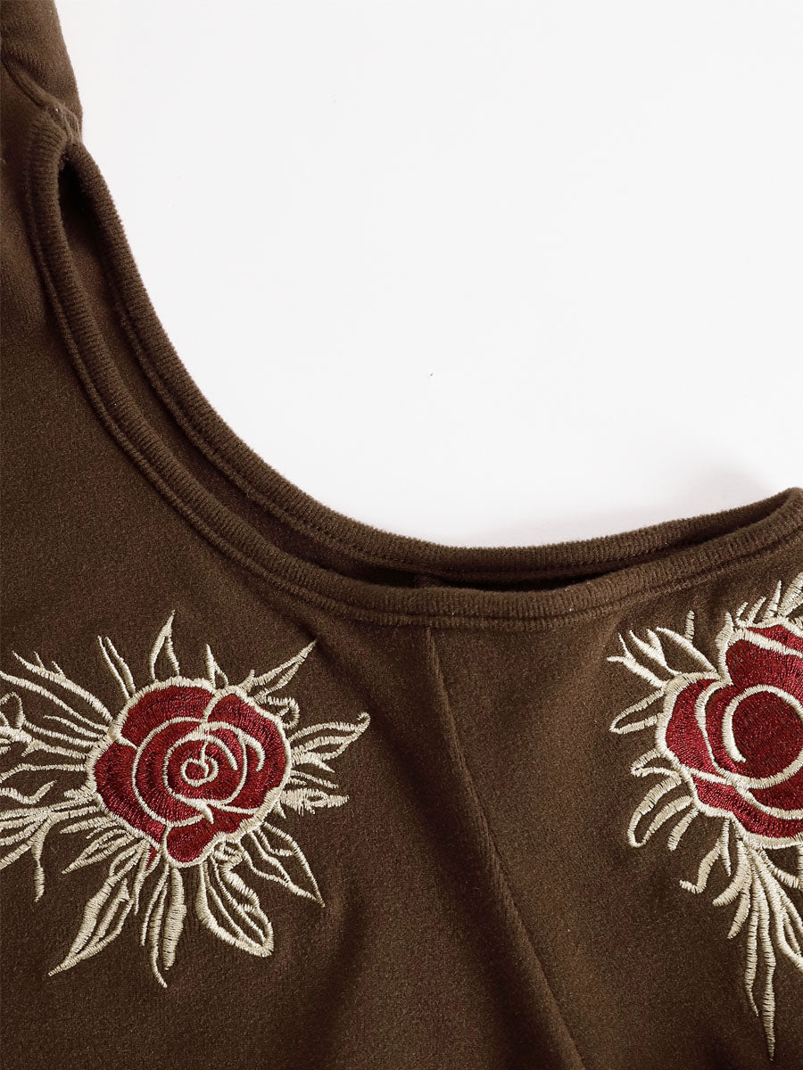 High-neckoff-shoulder Rose-embroidered All-cotton Long-sleeved T-shirt  - By Qivii