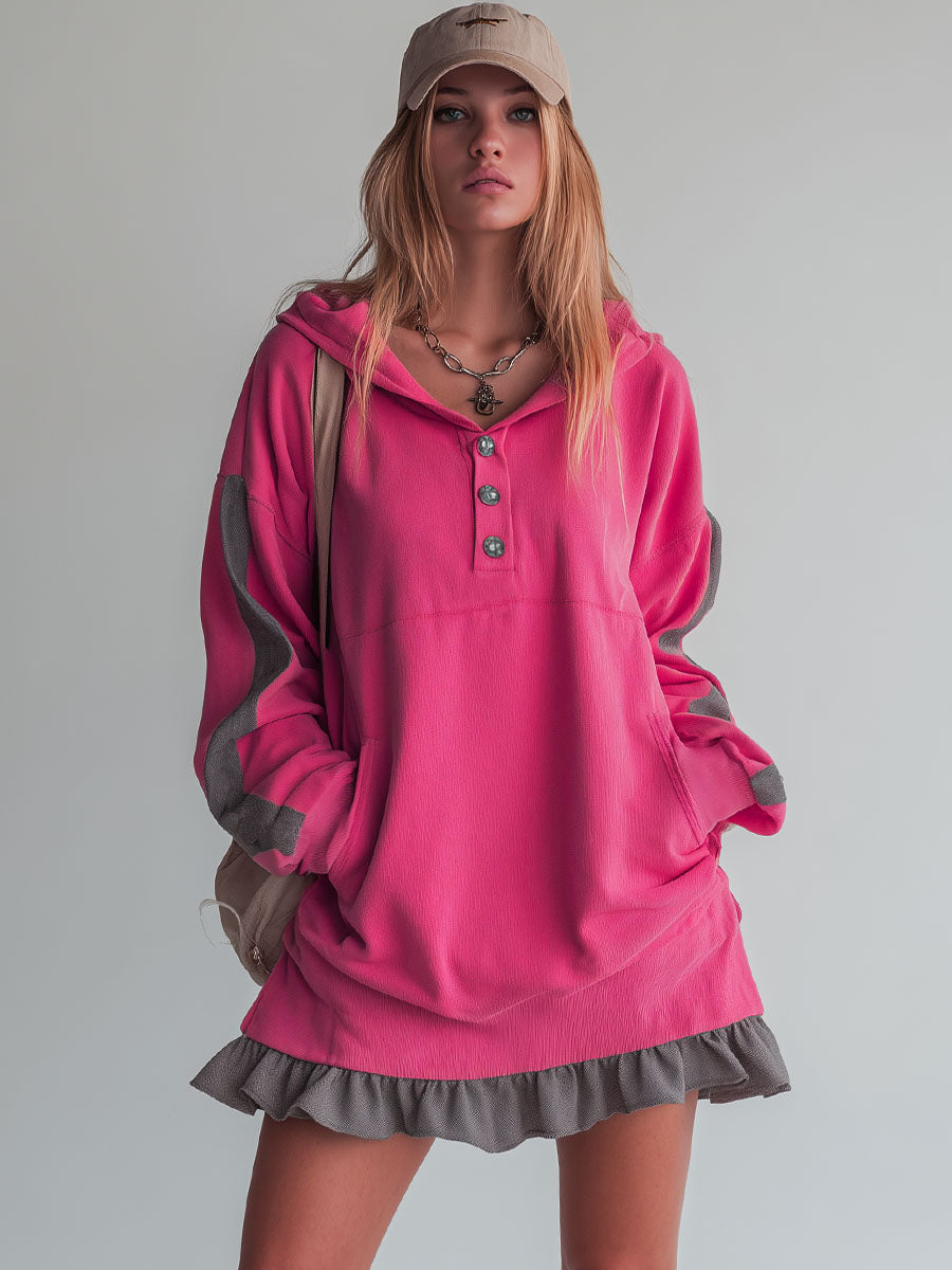 Sporty Color-blocked Ruffled Half-zip Hooded Long-sleeved Mini Dress  - By Qivii