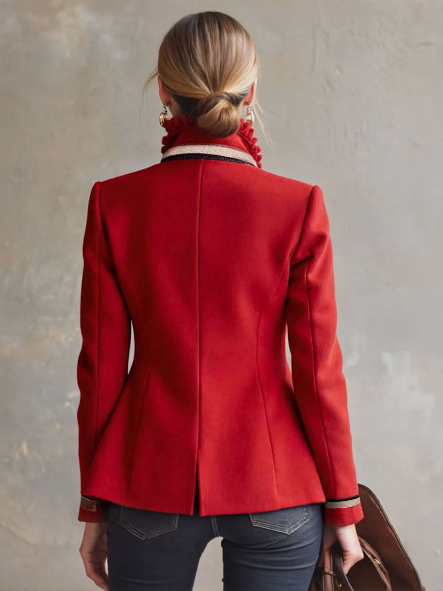 Ruffled Stand-up Collar Single-breasted Rose Embroidered Jacket  - By Qivii