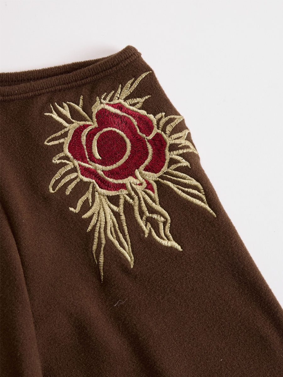High-neckoff-shoulder Rose-embroidered All-cotton Long-sleeved T-shirt  - By Qivii