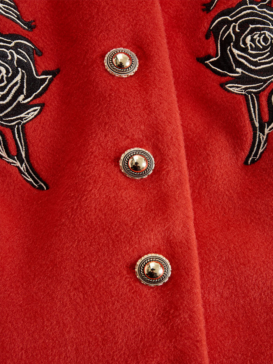 Ruffled Stand-up Collar Single-breasted Rose Embroidered Jacket  - By Qivii