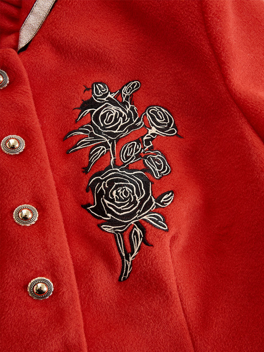 Ruffled Stand-up Collar Single-breasted Rose Embroidered Jacket  - By Qivii