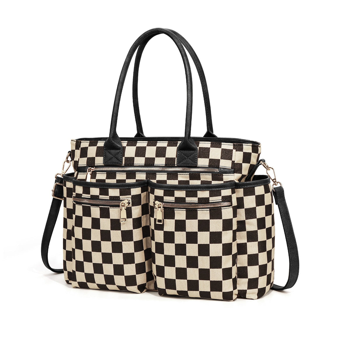 Ounamei Large Checkered Tote Bag for Women | Multi-Pocket Crossbody Shoulder Handbag for Work & Daily Use
