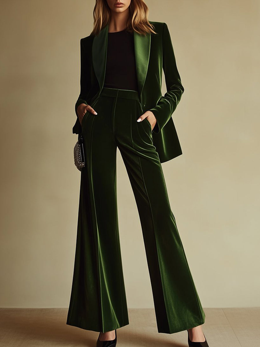 High-End Temperament Loose Retro Green Velvet Suit  - By Qivii