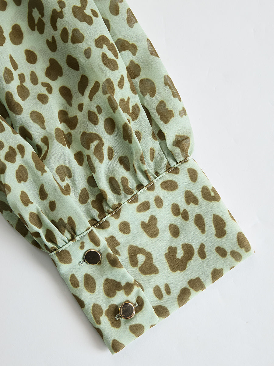 Vintage And Elegant V-neck Ruffled Leopard Print Chiffon Midi Dress  - By Qivii