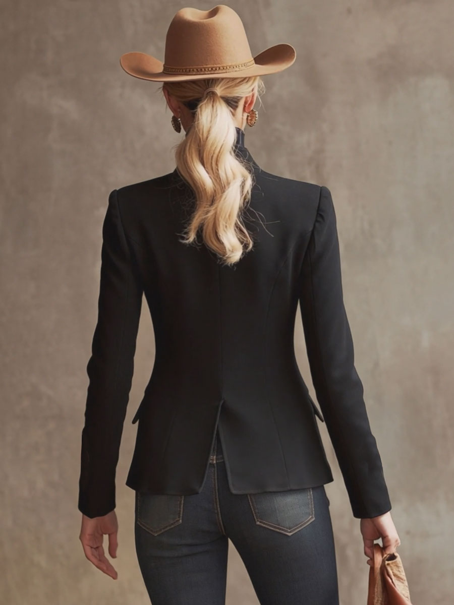 Stand Collar Single-breasted Rose Embroidered Woolen Blazer  - By Qivii