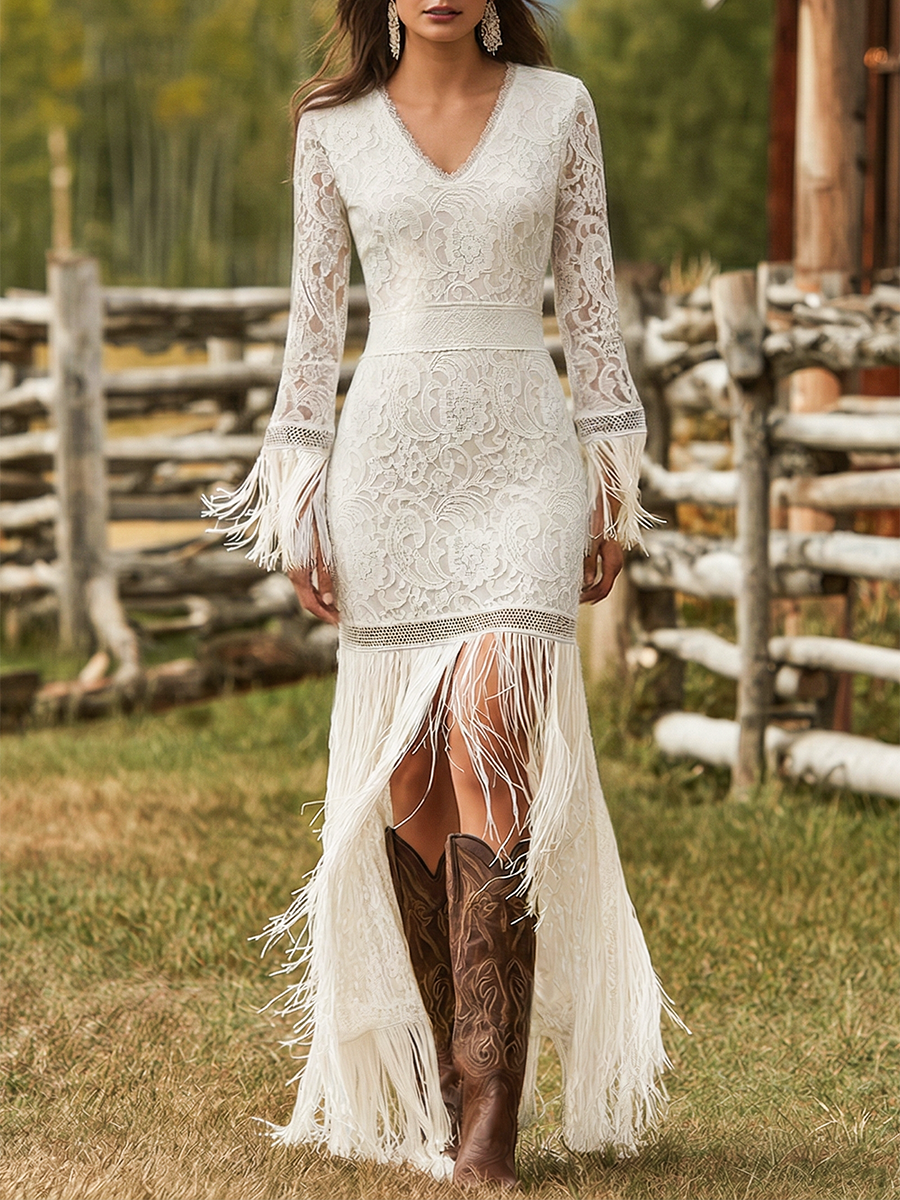 Retro White Lace V-neck Long Sleeve Tassel Short Front And Long Back Skirt Maxi Dress  - By Qivii