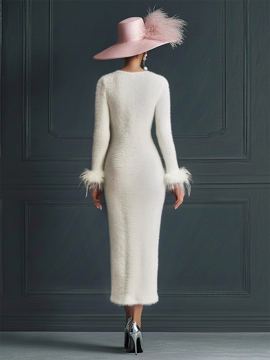 White Mohair V-neck Button Imitation Ostrich Feather Midi Dress  - By Qivii
