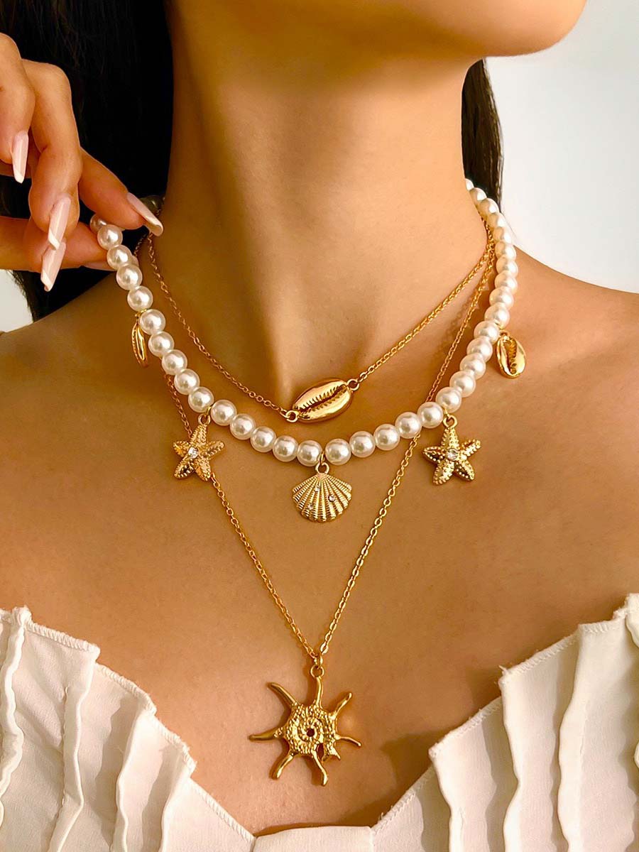 Bohemian Imitation Pearl Holiday Style Retro Starfish Shell Pendant Necklace Set  - By Qivii