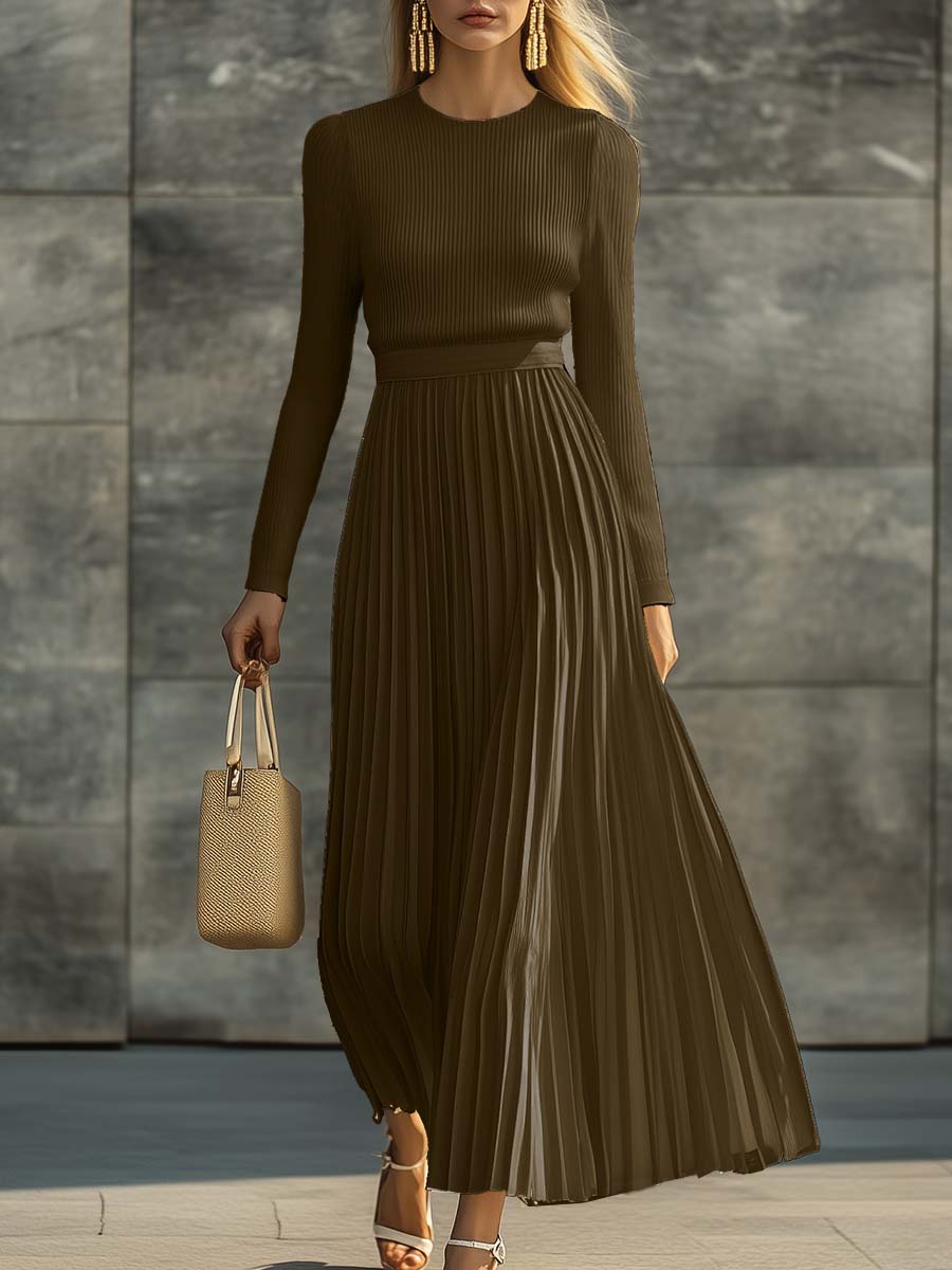 Elegant Casual And Comfortable Long-sleeved Cream Knitted Satin Pleated Hem Maxi Dress  - By Qivii