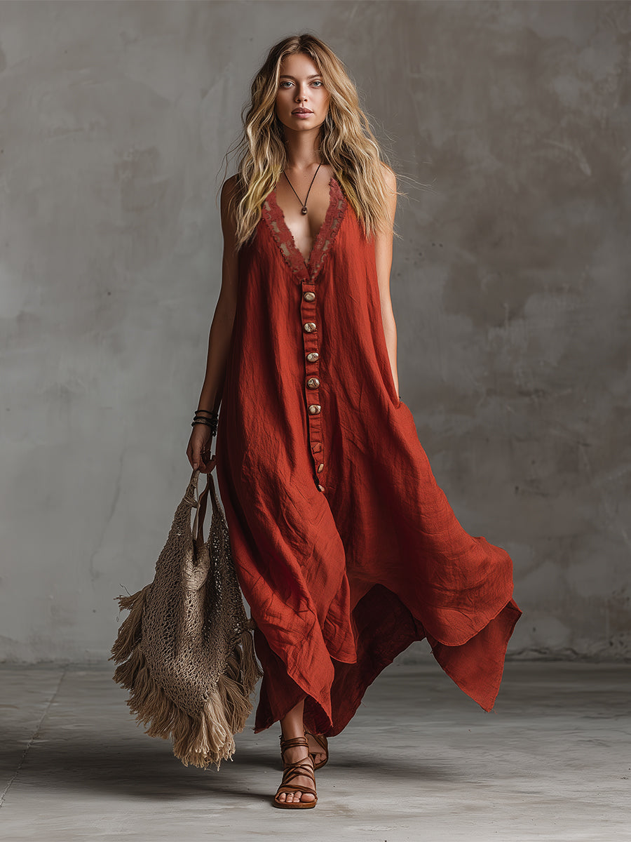 Vintage And Charming Red Cotton And Linen Sleeveless Maxi Dress  - By Qivii