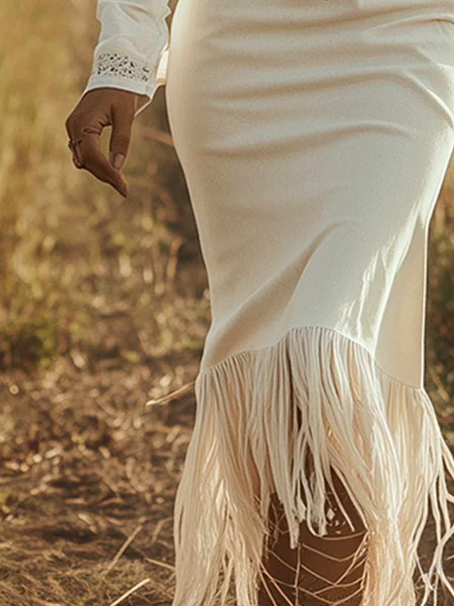 Vintage Western Cowboy Off-White Faux Denim Half-Zip Tassel Long-Sleeved Maxi Dress  - By Qivii