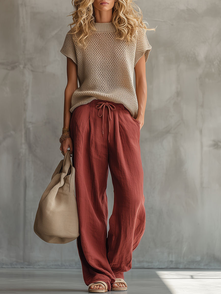 Retro Short-sleeved Knit Top And Brick Red Cotton Linen Wide-leg Pants Set  - By Qivii