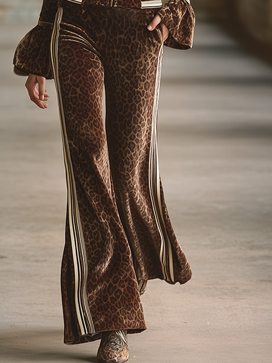 Retro Sporty Brown Leopard Print Lapel Front Zip-up Top And Flared Pants Velvet Set  - By Qivii