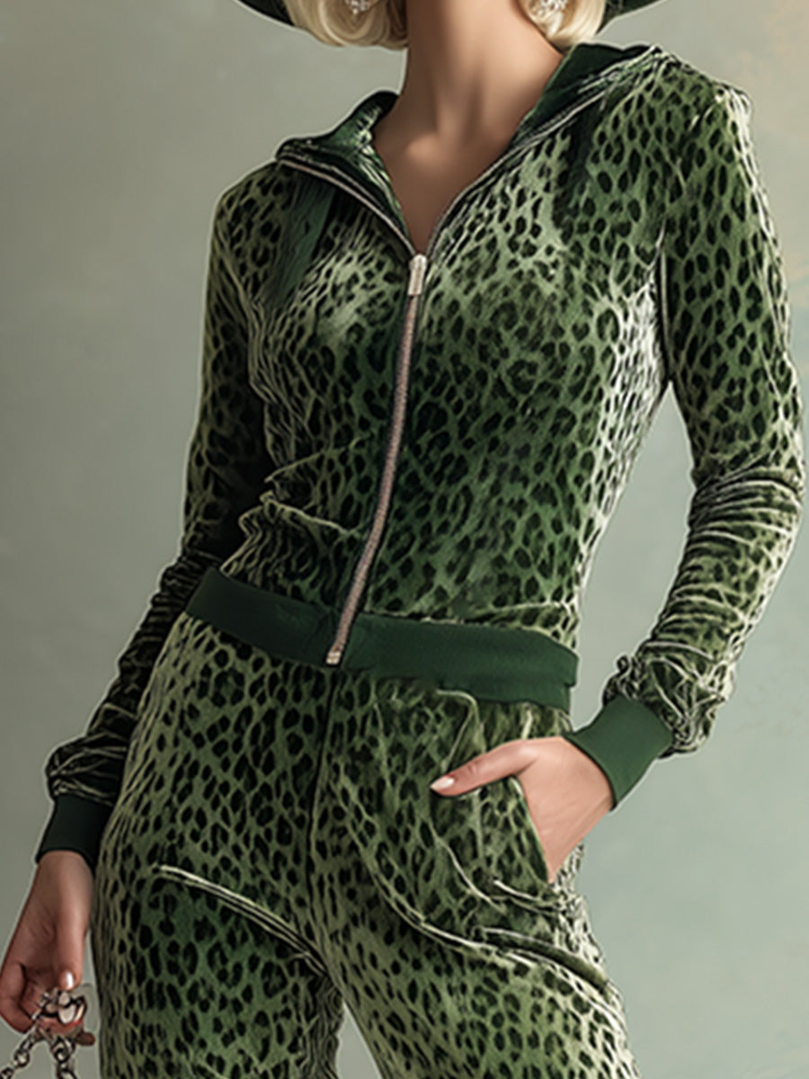 Retro Elegant Green Leopard Print Hooded Velvet Jumpsuit  - By Qivii