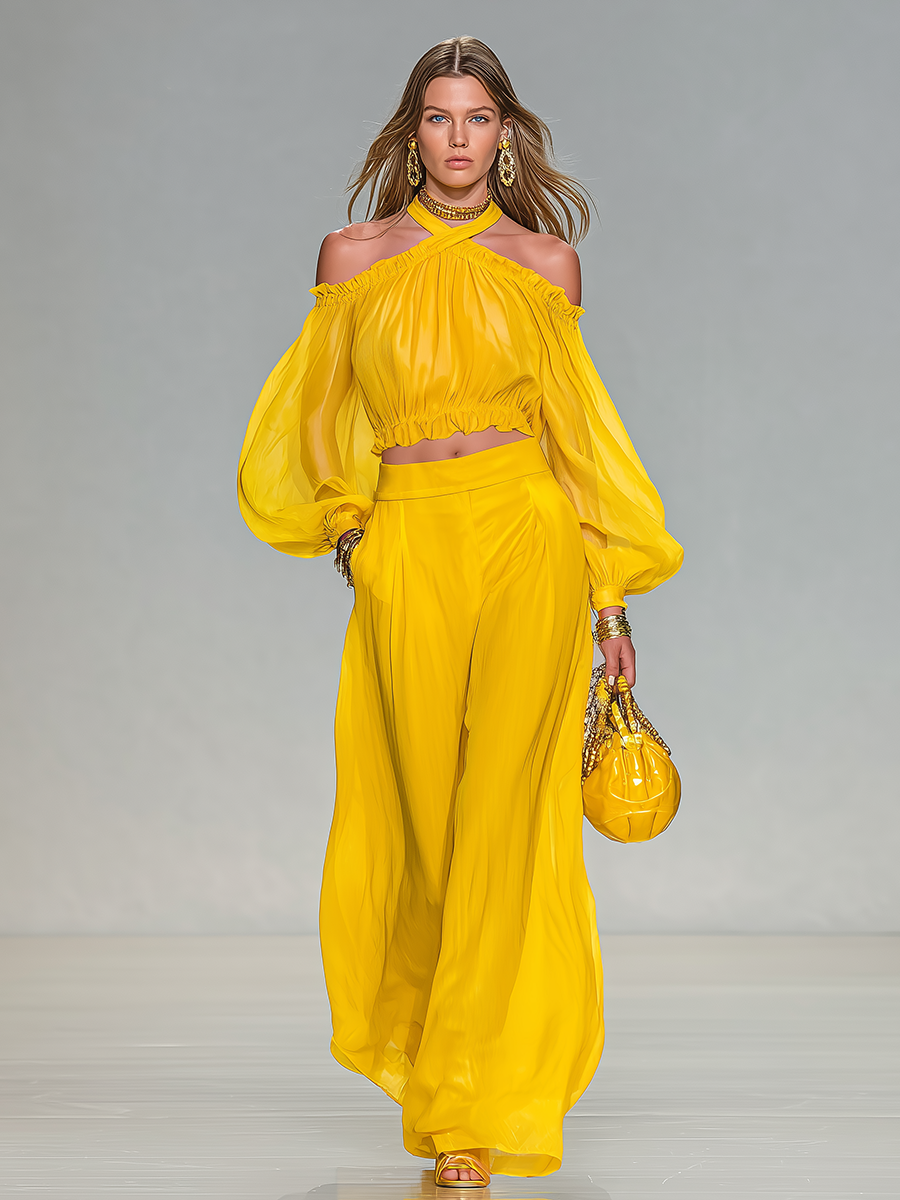Elegant Urban Style Halter-neck Chiffon Top And Wide-leg Pants Set  - By Qivii