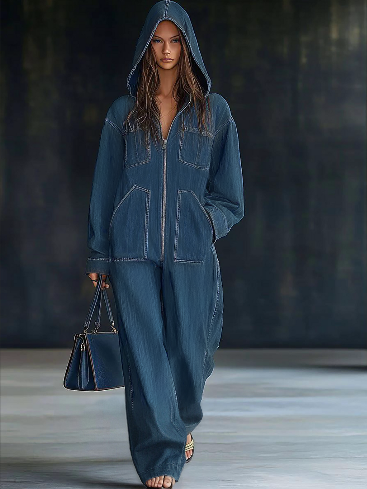 Casual Loose Retro Pocket Long Sleeve Hooded Zipper Denim Jumpsuit  - By Qivii