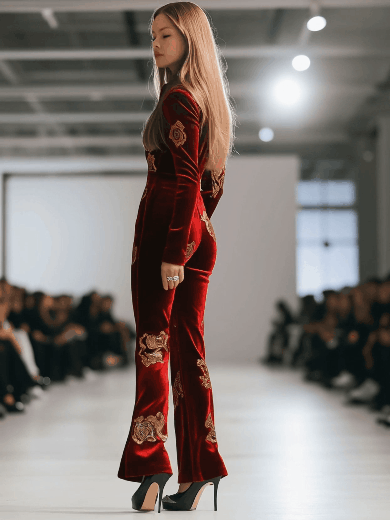 Casual Loose Retro Red Velvet Gold Rose Printed Zipper Long Sleeve Jumpsuit  - By Qivii
