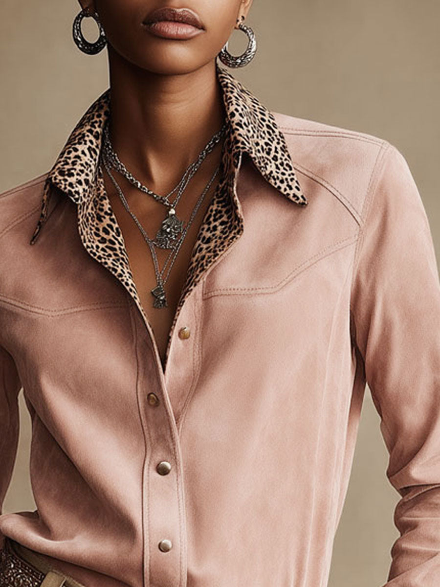 Western Retro Leopard Print Pink Faux Suede Long-Sleeve Shirt  - By Qivii