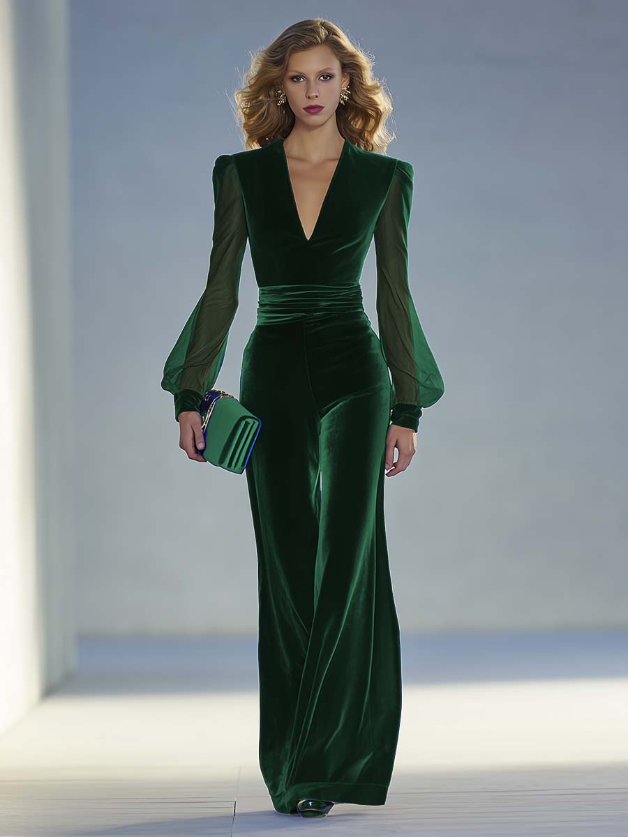 Vintage Elegant And Exquisite V-neck Mesh Long-sleeved Royal Blue Velvet Jumpsuit  - By Qivii