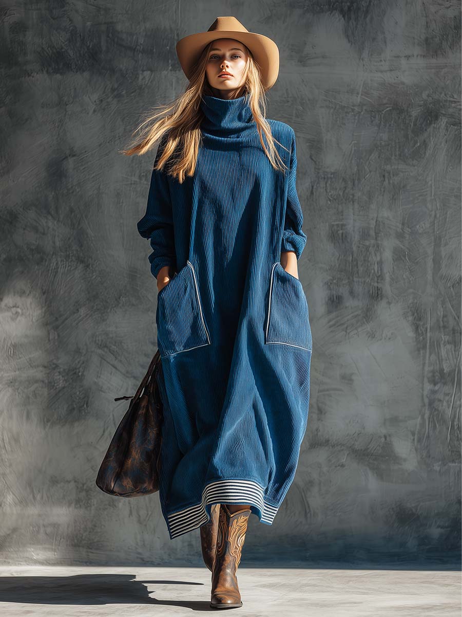 Casual Fashion Vintage High Collar Large Side Pockets Blue Corduroy Midi Dress  - By Qivii