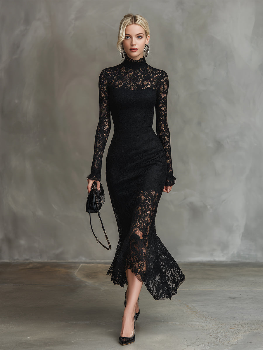 Elegant Party Black Stretch Lace Fishtail Maxi Dress  - By Qivii