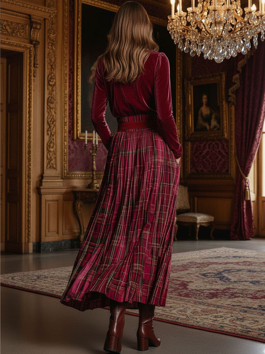 Festive Retro Red Velvet Turtleneck Plaid Skirt Set  - By Qivii
