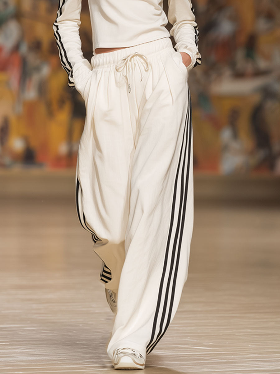 Sporty Off-the-shoulder Long-sleeved Top And Pants Set  - By Qivii