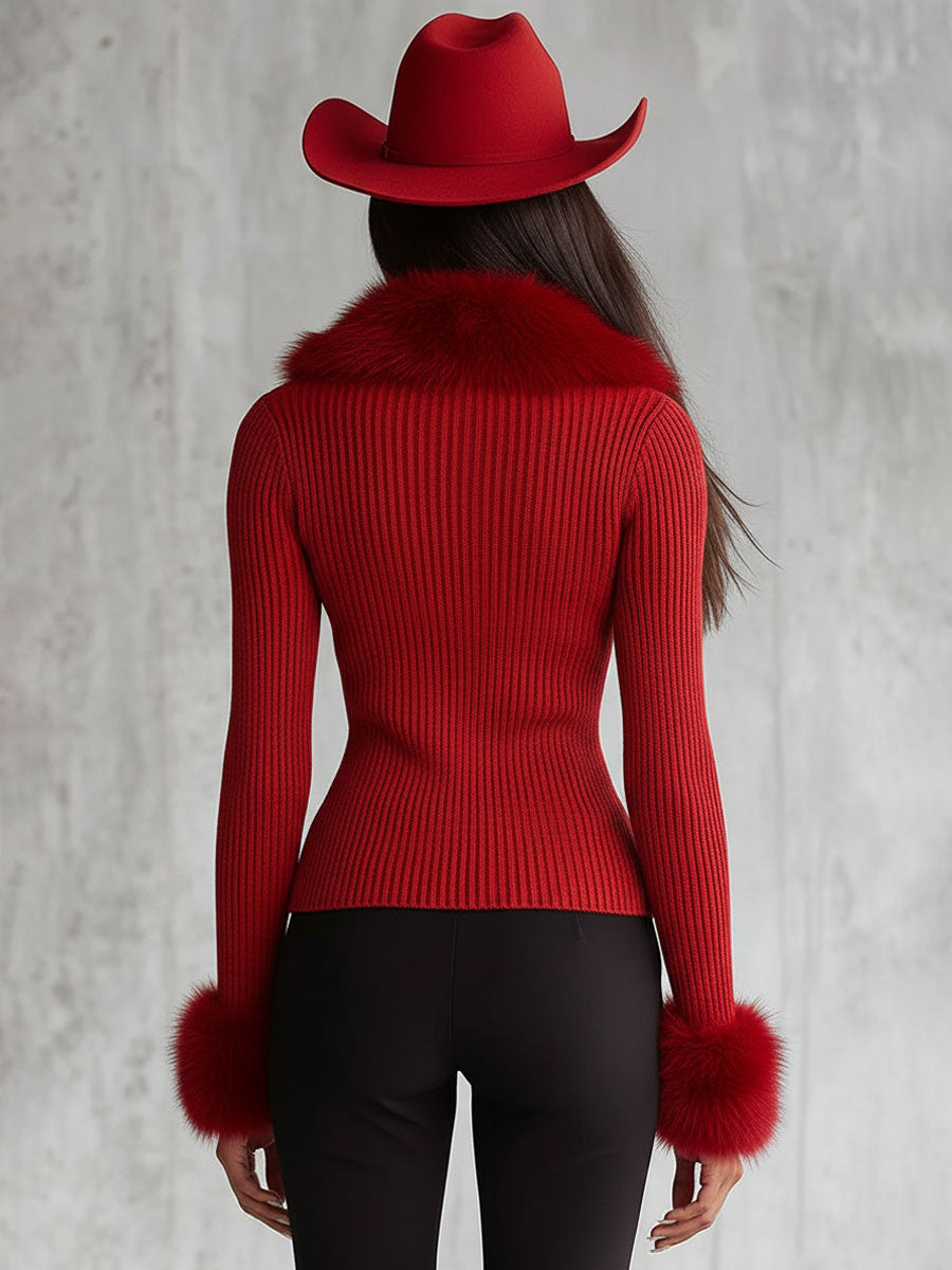 Lapel Zipper Faux Fur Collar Knitted Cardigan  - By Qivii