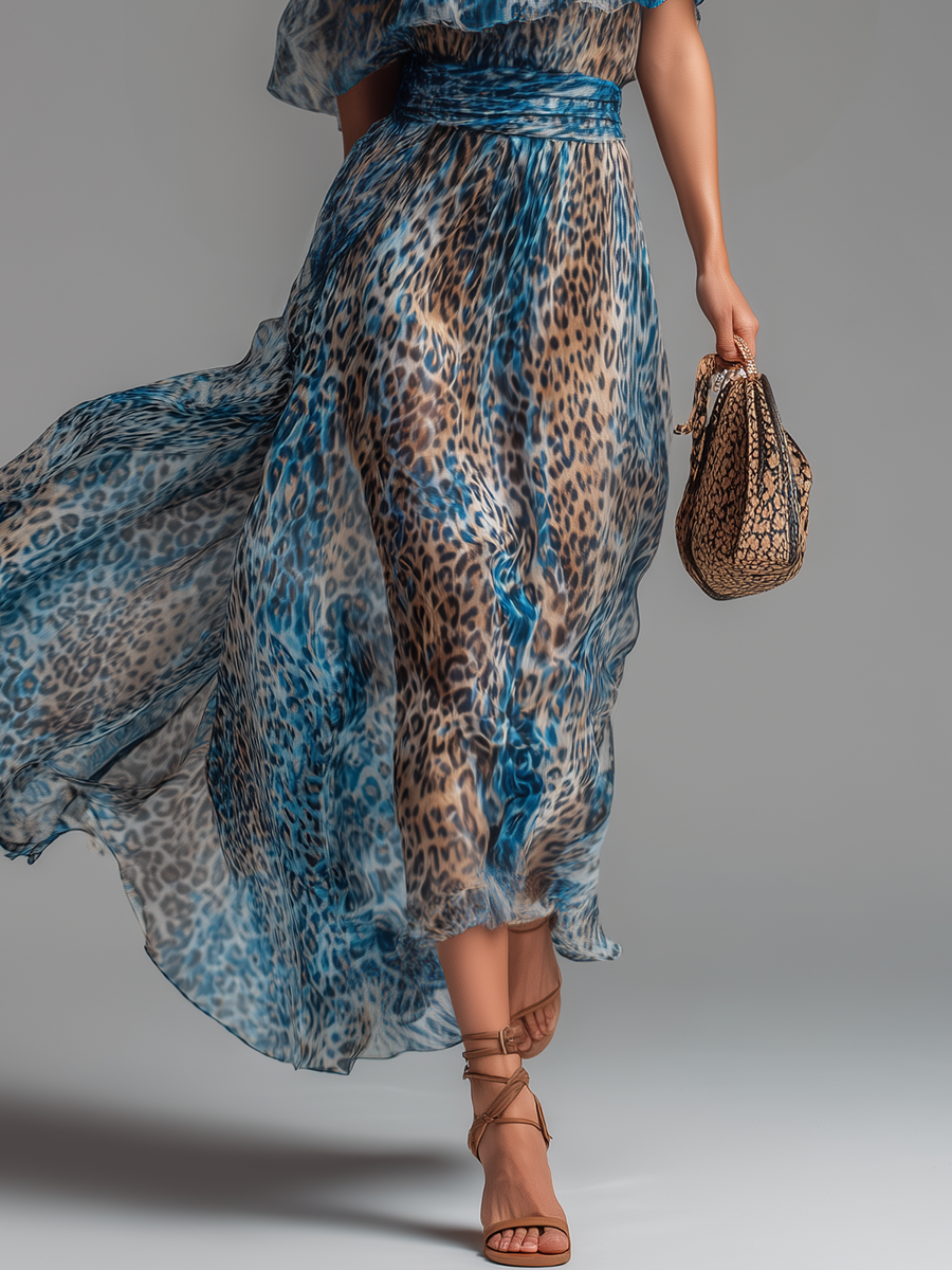 Stylish And Elegant Off-the-shoulder Short-sleeved Leopard Print Chiffon Maxi Dress  - By Qivii